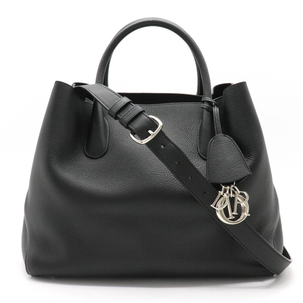 Christian Dior Open Bar Tote Bag Shoulder Grain Leather Black Charm